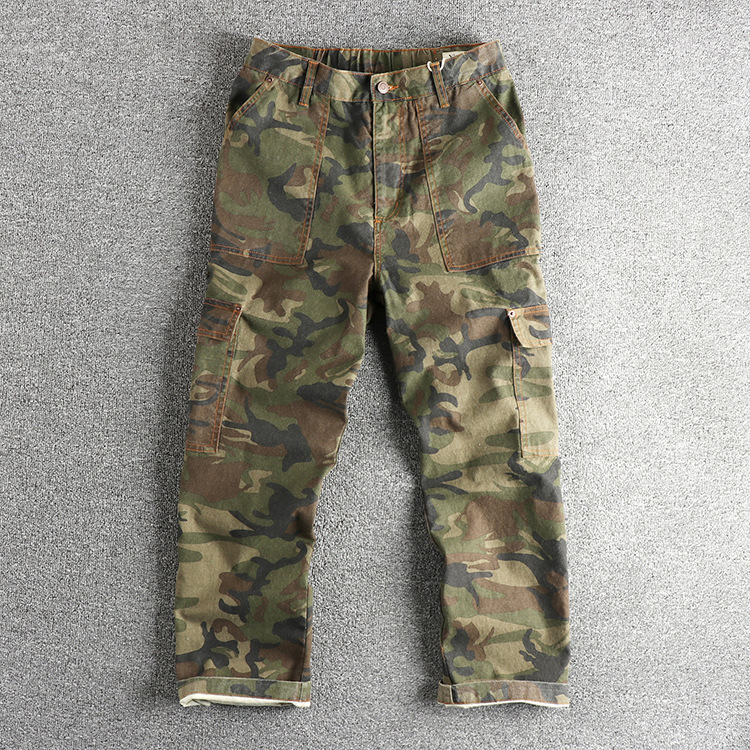 Ami Khaji Vintage Profile Loose Straight Casual Pants Men's Pure Cotton Woven Washed Old Camouflage Work Pants Ami Khaji Vintage Profile Loose Straight Casual Pants Men's Pure Cotton Woven Washed Old Camouflage Work Pants