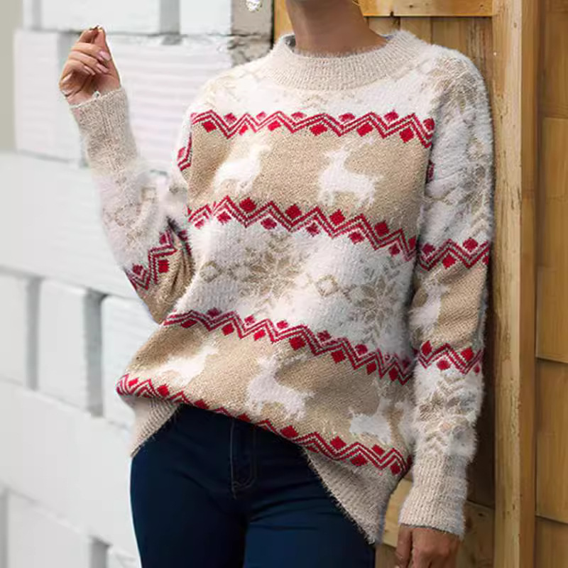 Pull de Noël douillet en maille jacquard à motif cerf, coupe ample, col rond, style décontracté, en fil doux._voghion.com
