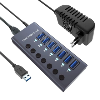 铝合金电脑HUB多口USB3.0集线器带开关拓展坞分线一拖7口外置电源