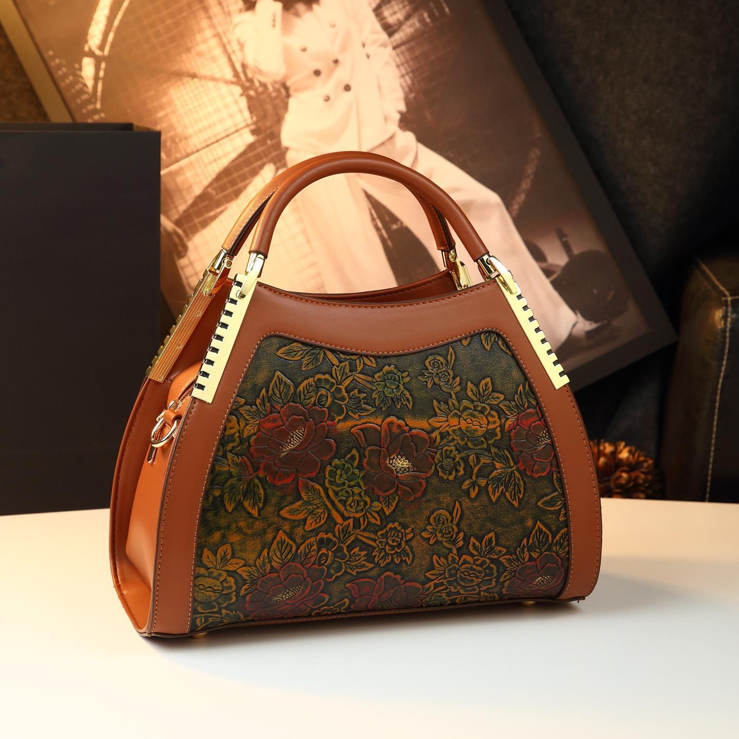 Túi tote vải nữ cỡ lớn phong cách retro họa tiết Trung Quốc — Cà phê Brown, màu xanh đậm
