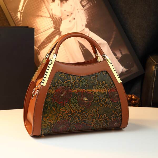 Túi tote vải nữ cỡ lớn phong cách retro họa tiết Trung Quốc — Cà phê Brown, màu xanh đậm