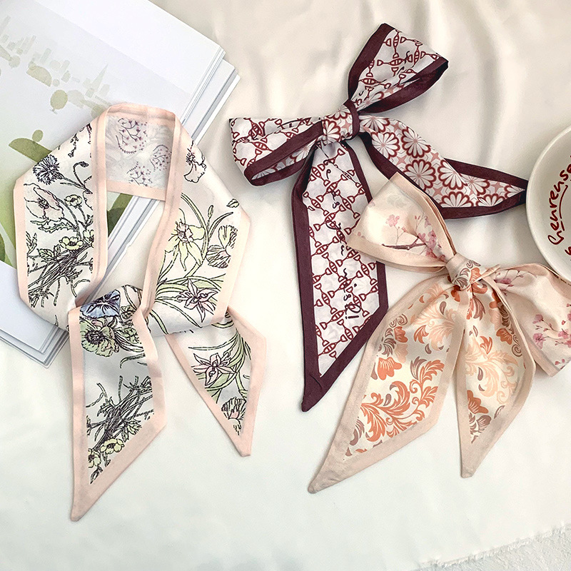 Pañuelo de seda, tira larga, sensación de alta calidad, pequeño pañuelo floral fresco, cinturón para el cabello, bolsa para atar, cinta para atar, bufanda decorativa, cinturón para la cintura