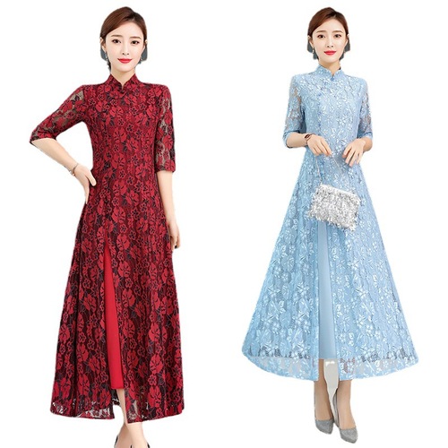 Improved aodai qipao cheongsam chinese dress lace long sleeve Chinese wind robe for women