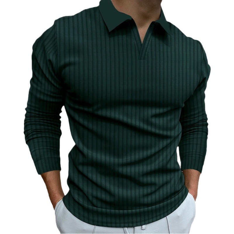 Camisa Polo para Hombre, Estilo Europeo y Americano, Comercio Transfronterizo, Otoño, Fitness, Casual, Cuello Alto, Manga Larga, Rayas Verticales, Cuello en V