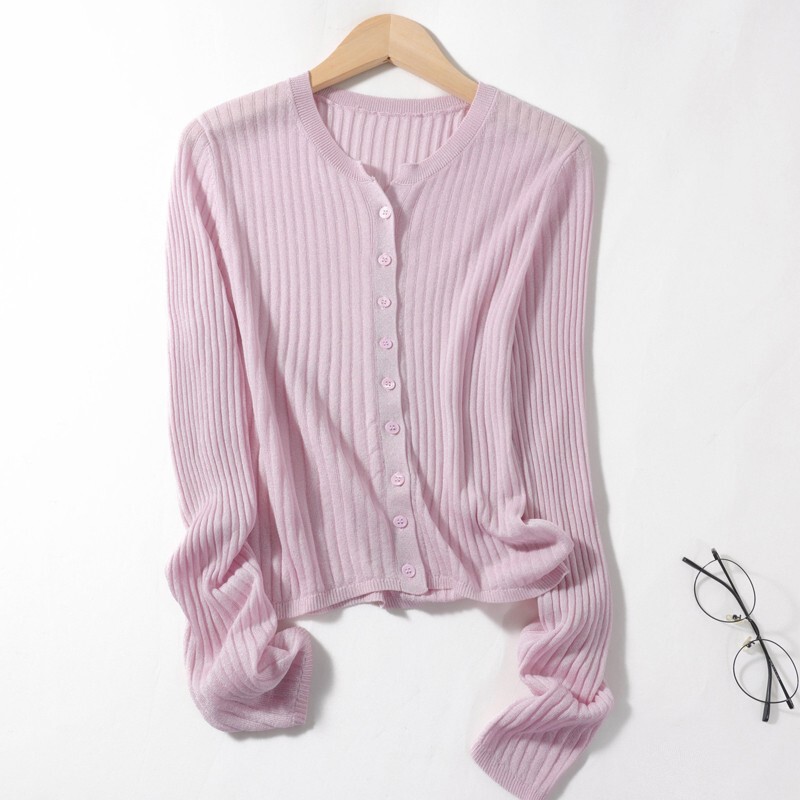 Spring and Summer Thin Tencel Knit Cardigan for Women, Round Neck, Slim Fit, Long Sleeve, Sun Protection Clothing, Air Conditioning Jacket, Shiny Silk Fine Weave
