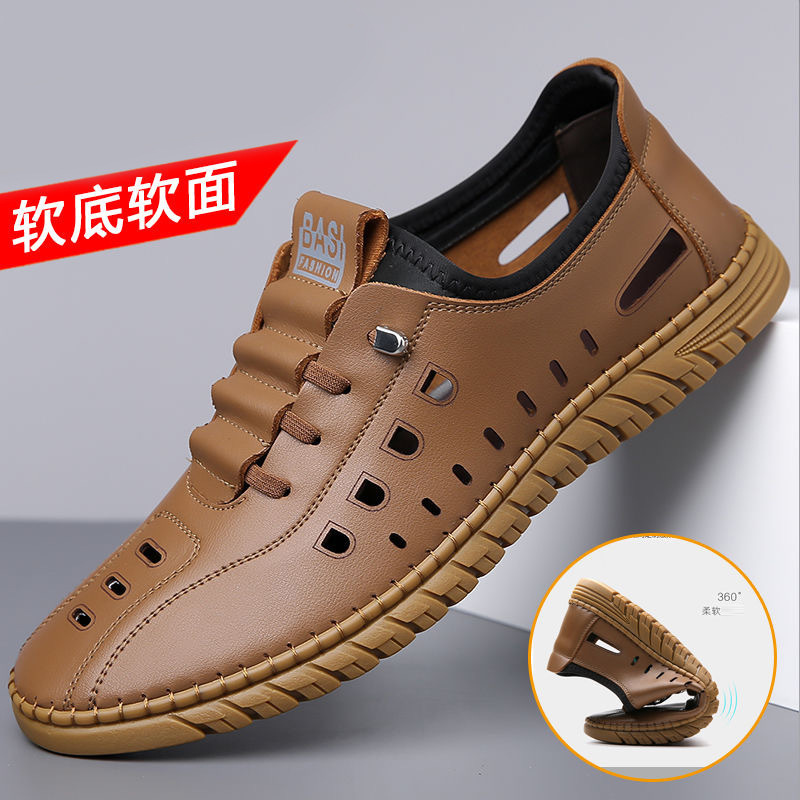 Sandalias de verano para hombre, zapatos de cuero casuales transpirables, zapatos blancos huecos y transpirables, zapatos con agujeros, sandalias de un solo pedal para hombre de suela blanda