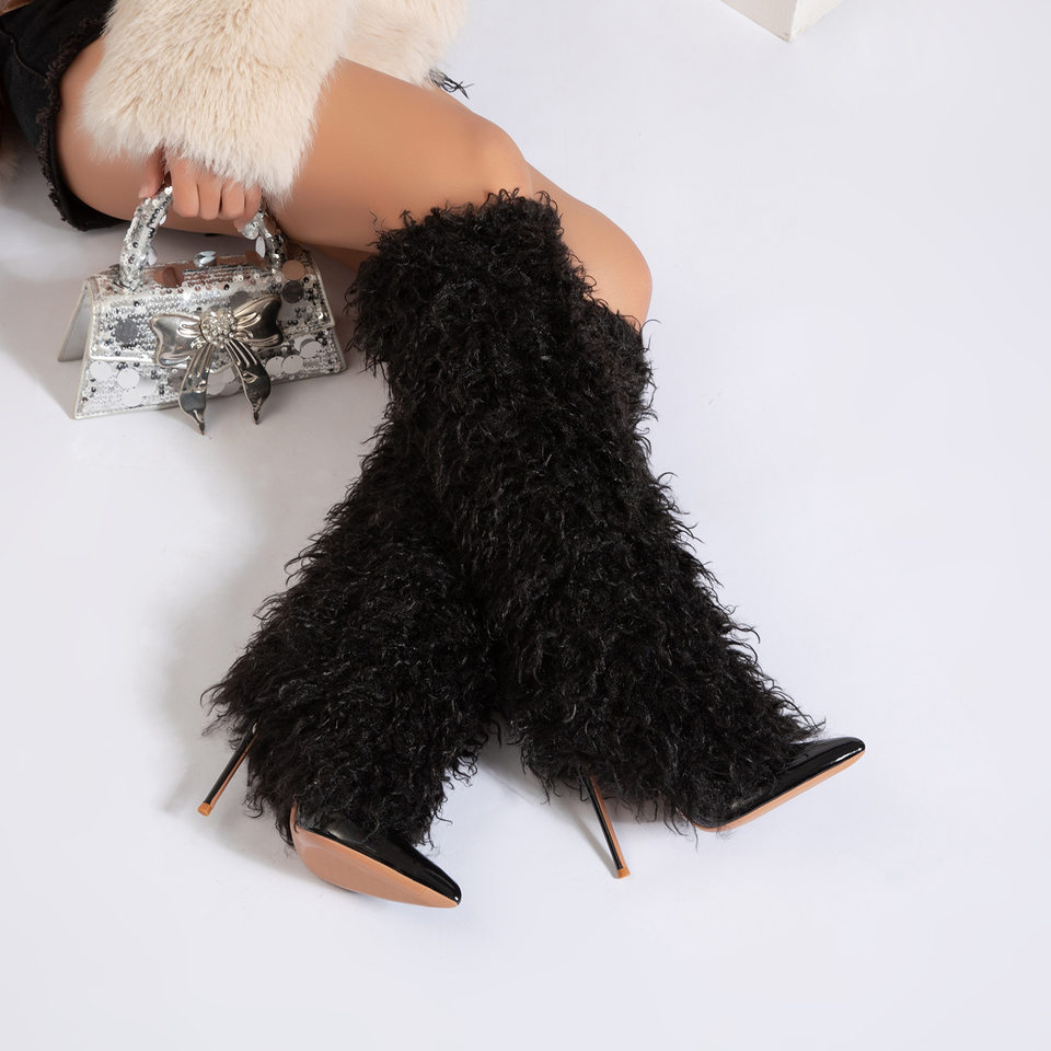 Bốt ngắn mũi nhọn gót cao 12 cm viền lông giữ ấm phong cách thời trang — Màu trắng, màu đen chi tiết 8