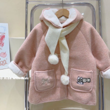 送围巾2025已开价红色外套25909年货爱心女童加绒加厚呢子90-130