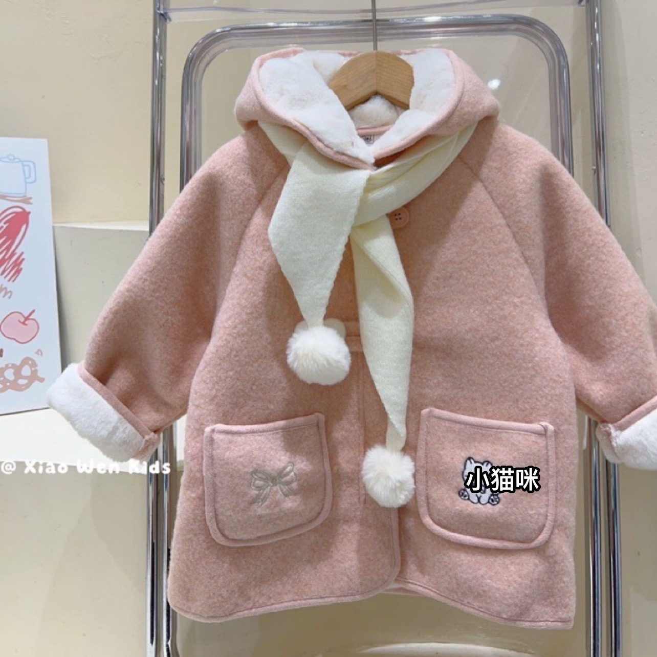 送围巾2025已开价红色外套25909年货爱心女童加绒加厚呢子90-130