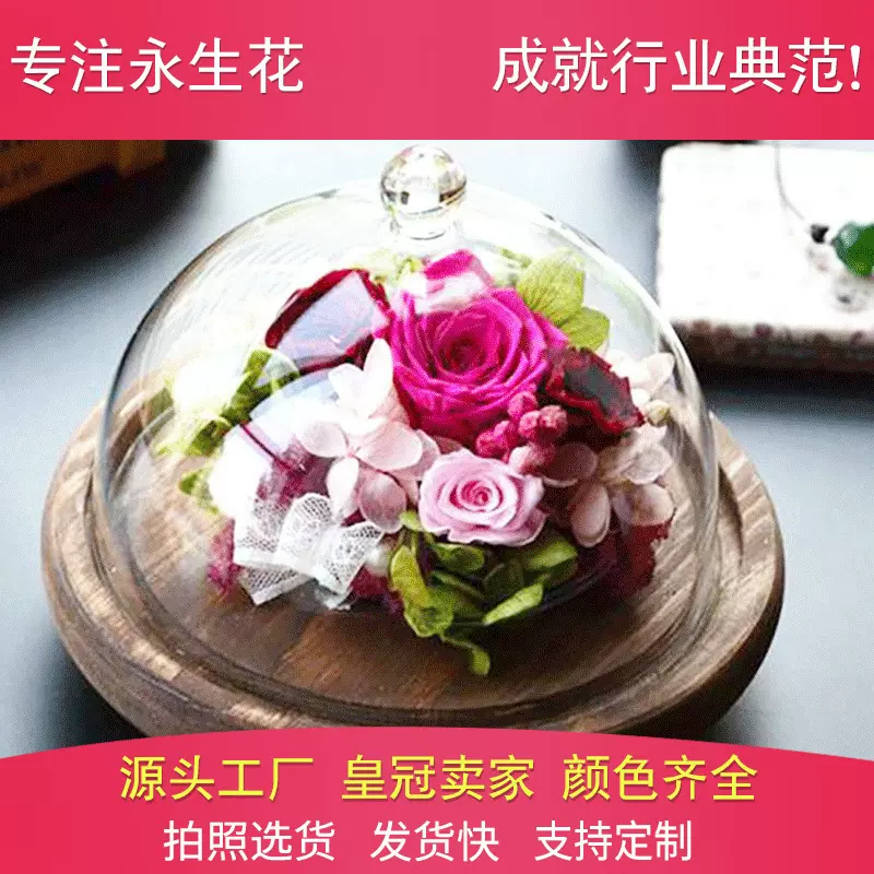 永生花礼盒容器 唯美玻璃景观罩蛋糕玻璃罩复古木底座微景观花瓶