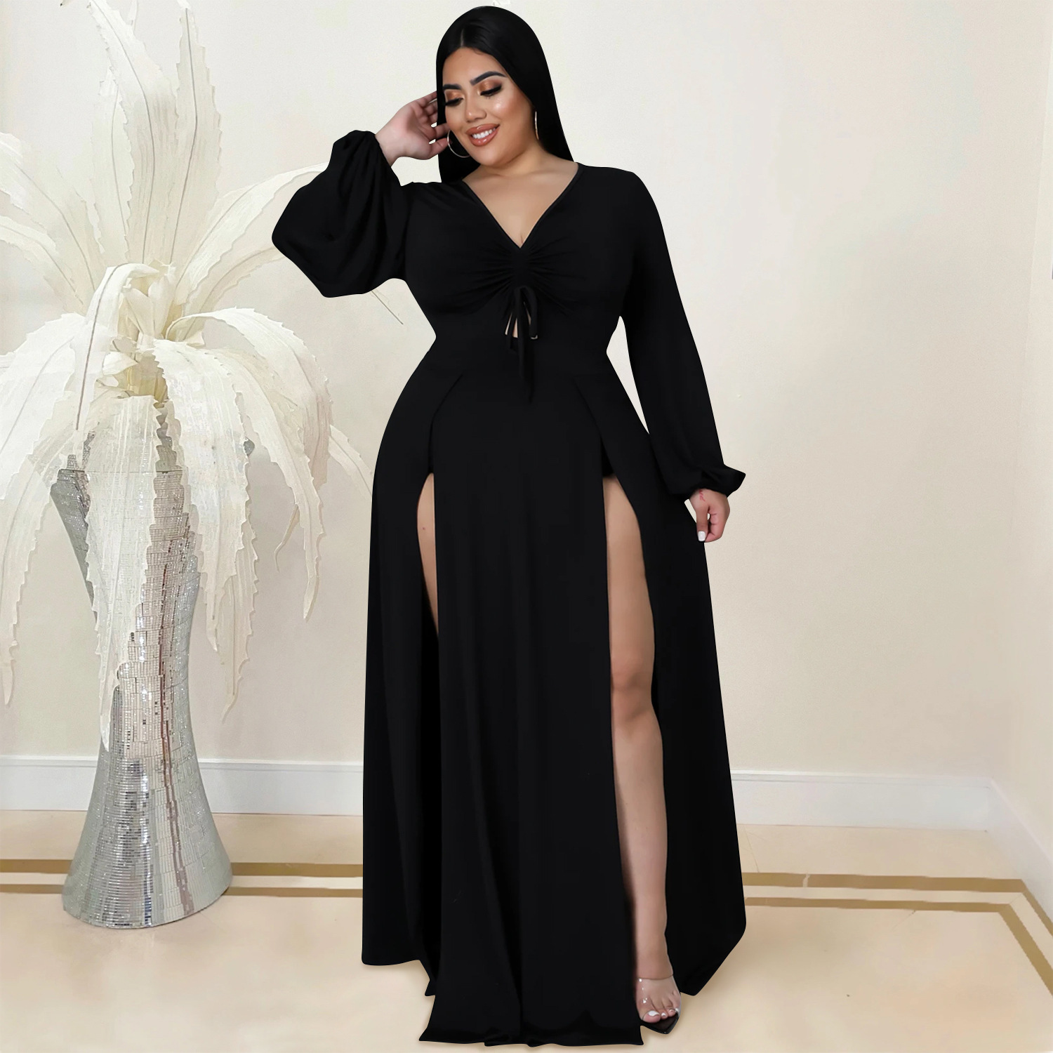 Solid Color Plus Size V-Neck Long-Sleeved Hollow Split Lace-Up Dress With-Separate-Panty NSXYZ110900