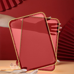 喜慶紅金邊透明托盤長方形家用客廳收納盤子輕奢茶几水杯塑料方盤