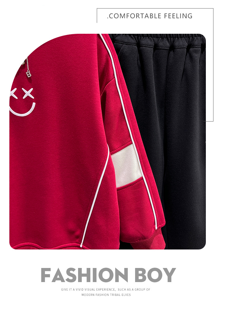 Conjunto de duas peças de suéter casual com rosto sorridente para meninos, esportes 2024, primavera, para crianças de meia idade e bi, da moda_voghion.com
