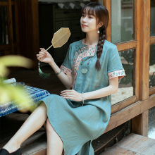 S21L08复古盘扣中国风亚麻连衣裙春秋民族风刺绣中式茶服女装