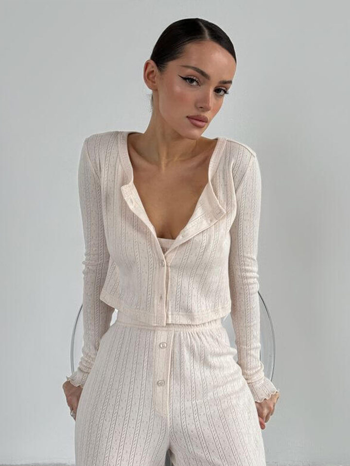 Bộ đồ ngủ nữ 3 món áo cardigan dài tay quần dài họa tiết jacquard — Màu be, Màu hồng chi tiết 86