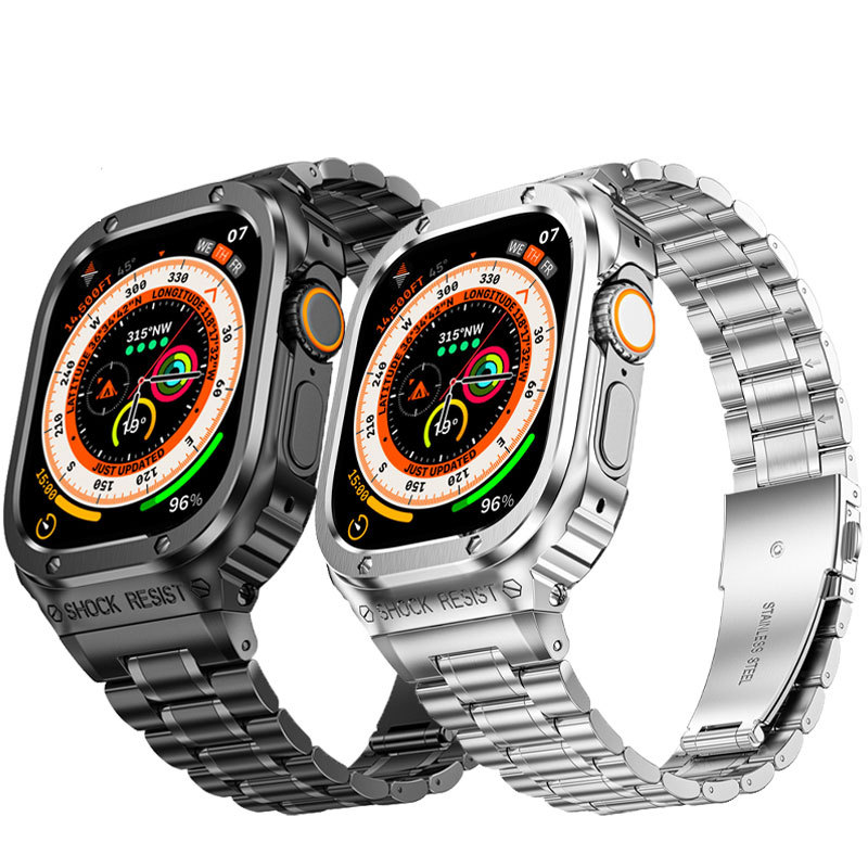 適用蘋果iwatch8不鏽鋼鎧甲錶帶Apple Watch76 44mm 45mm一體腕帶