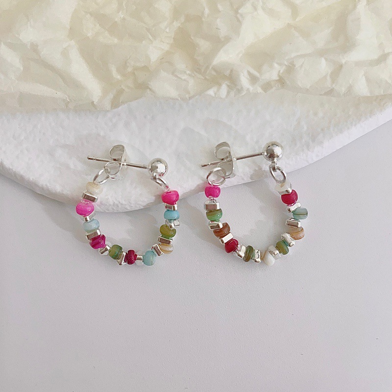 1 Pair Sweet Multicolor Beaded Natural Stone Sterling Silver Hoop Earrings display picture 3