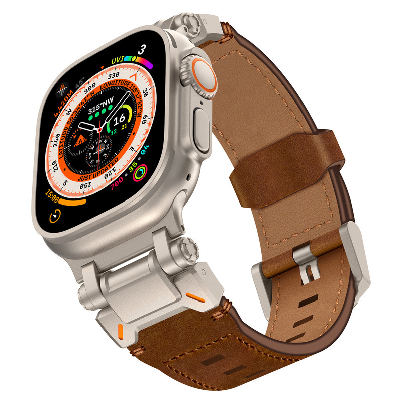 Explorer for Apple Watch 9 Apple Strap Ultar Crazy Horse Pattern Leather Strap Metal Head Strap