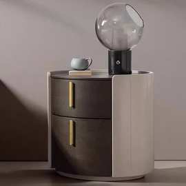 SRKYQ-M672#意式极简圆形实木床头柜简约设计师卧室烟熏色奶油