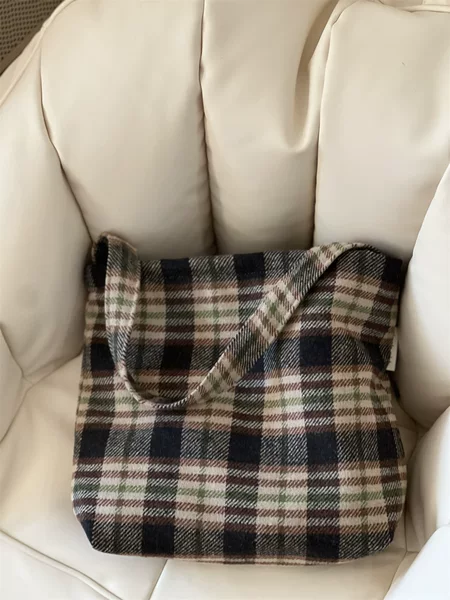 [Suxib Bag] Autumn and Winter Niche Design Artistic Retro Large Plaid Shoulder Wool Bag Women's Underarm Satchel