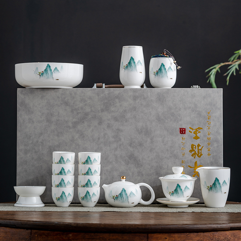 Ceramic Tea Set Set with National Trend Qiandai River Landscape Yangliyu Gongfu Tea Set Gift Box with Custom Logo for Business Gifts