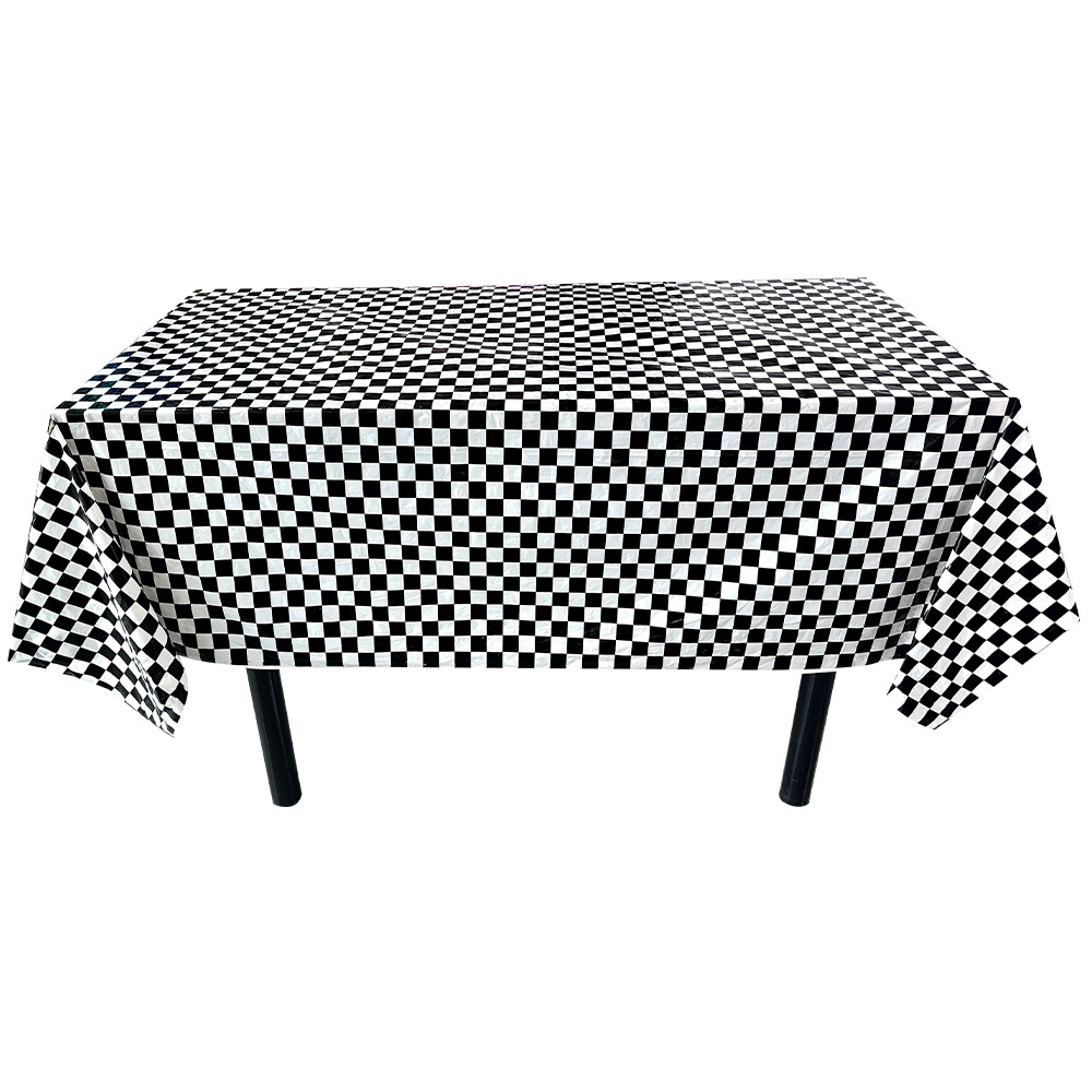 Suministros de decoración para fiestas de carreras, mantel desechable de peva engrosado con tablero de ajedrez, venta al por mayor, mantel impermeable, PE a cuadros blanco y negro