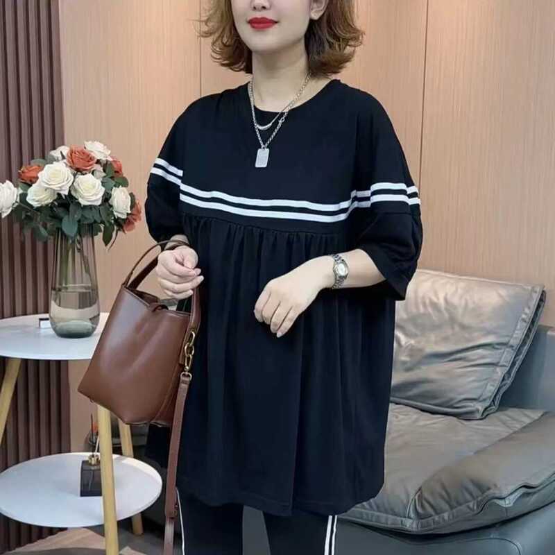 Korean Style Stylish Parallel Bars Doll Shirt Casual Fashion Round Neck T-shirt All-match Short Sleeve Mid-length Loose Slim-fit Top