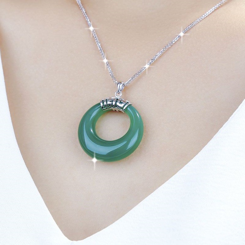 Dây chuyền bạc sterling nữ mặt dây chuyền đá chalcedony hình hạt đậu bốn mùa chi tiết 9