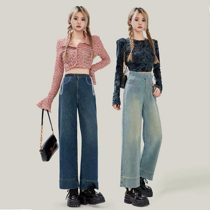 Maternity Denim Straight-Leg Pants Spring and Autumn Fashion Petite Drawstring Dark Blue Loose Non-Support Belly Cropped Wide-Leg Pants