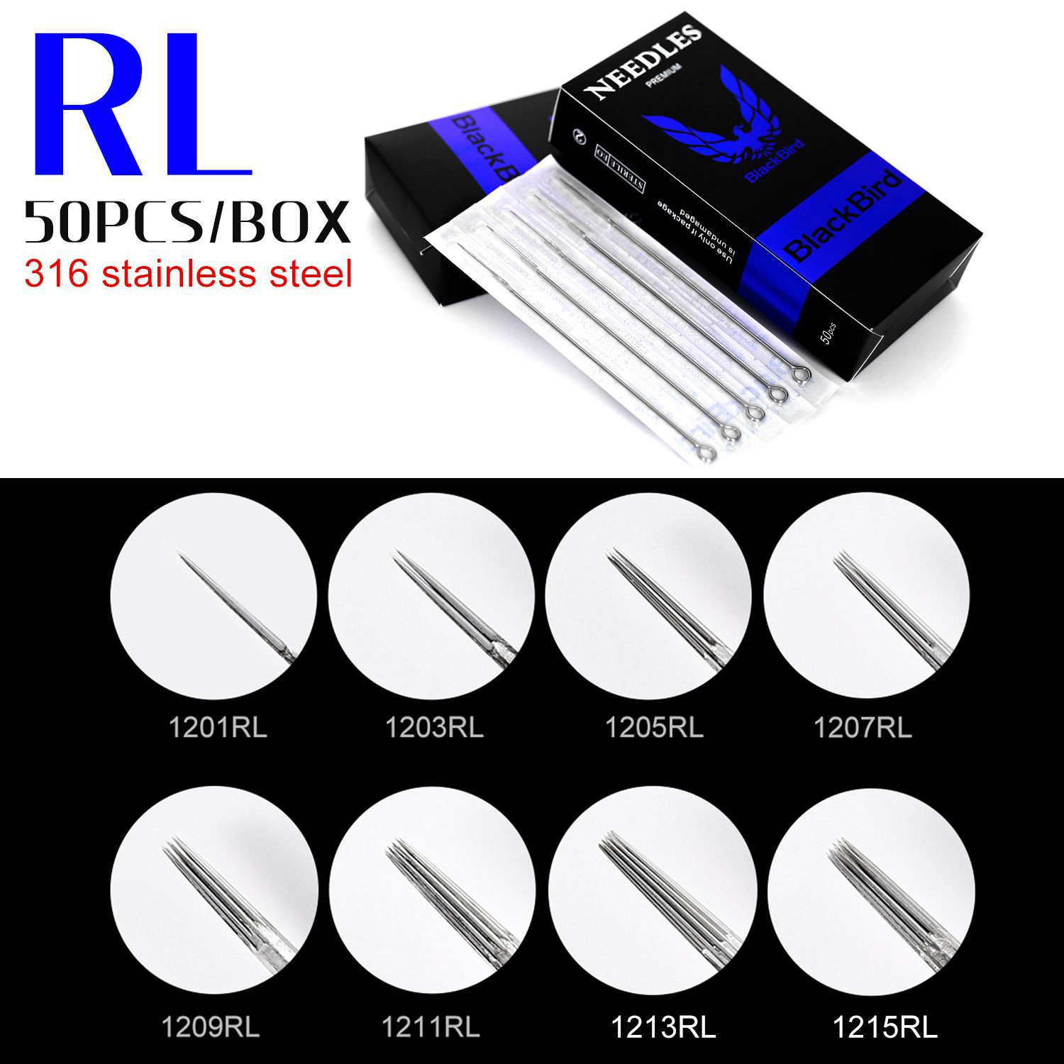 50 needles/box Disposable Blackbird Tattoo Needles RL/RM/M1, long needles for outlining, shading, and finishing; ideal for tattoo machines.