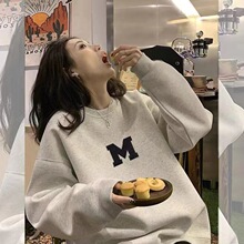 简约韩版慵懒风卫衣灰色高级感小众宽松打底衫春秋薄款圆领卫衣女