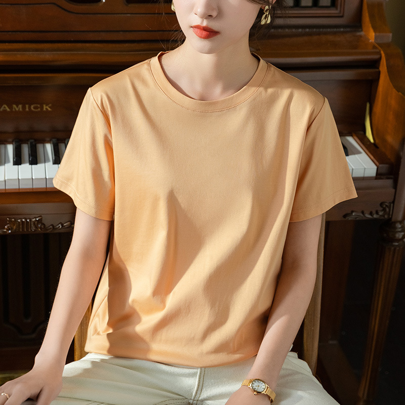 2023 nueva Camiseta de algodón con cuello redondo para mujer Camiseta de algodón mercerizado de hielo simple top de color sólido image 8