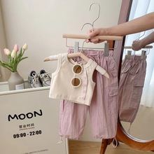 韩国童装女童套装2023夏季新款女孩洋气时髦设计感背心上衣工装裤
