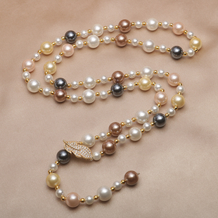 Fashion autumn and winter natural deep sea shell pearl sweater chain long leaf adjustable Japanese and Korean versatile shell bead necklace
