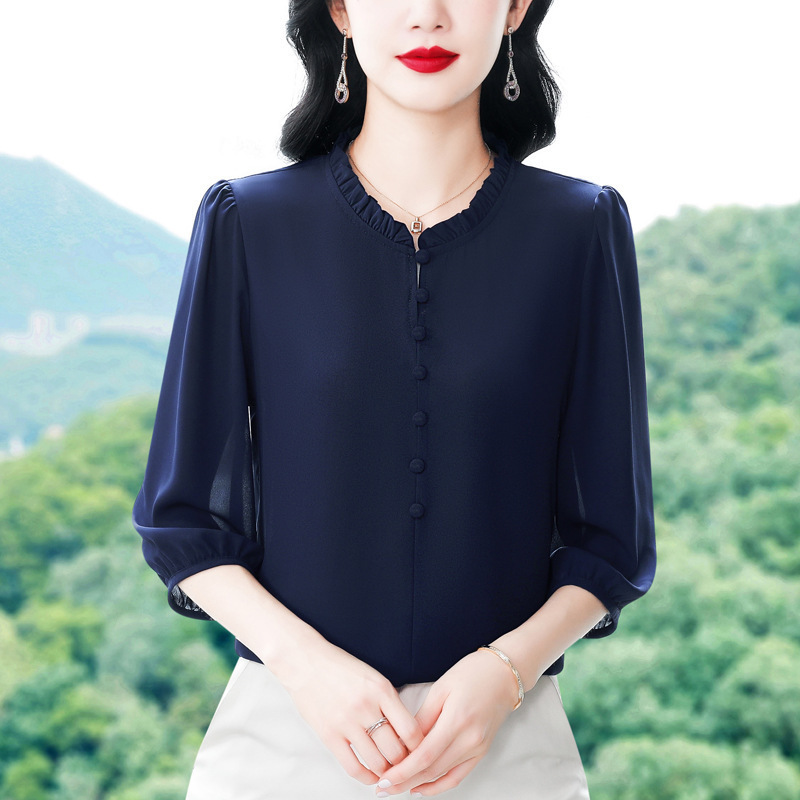 2025 New Versatile Silk Mid-Sleeve Top Elegant Professional Shirt Women's Summer High-End Women's Shirt Fungus Collar