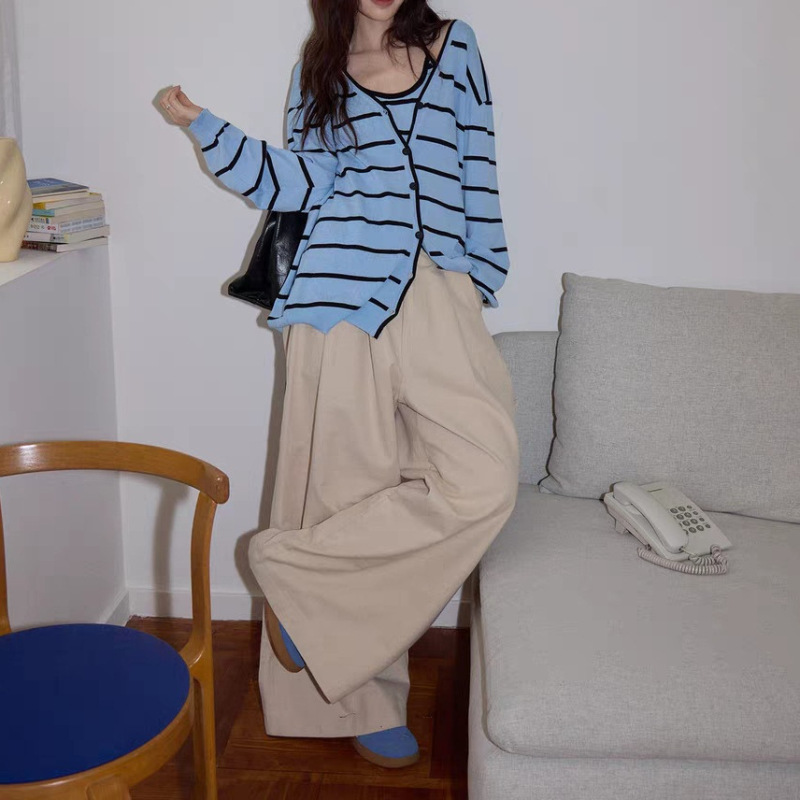 吵吵1家韩系蓝色条纹毛衣女2025秋慵懒宽松休闲长袖针织衫外搭上|undefined
