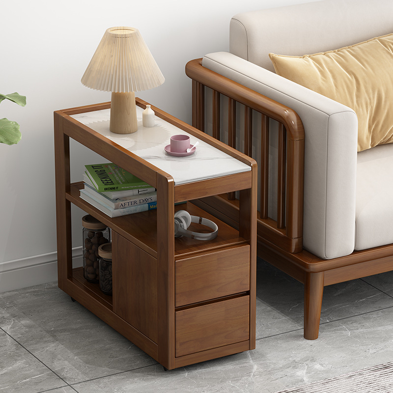 Light Luxury Slate Solid Wood Side Table, Modern Simple Sofa Side Cabinet, Small Tea Table, Small Apartment Mobile Corner Table