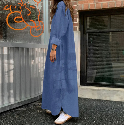 2024 New Spring Denim Solid Color Stylish Commute Bohemian Loose Plus Size Long Dress