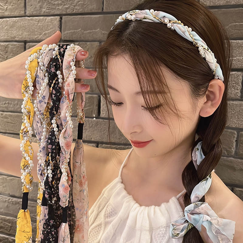 Niños super inmortal tejido bufandas de seda flotantes flores flotantes un cabello de cola de caballo atar cinta de cabello cabeza de cuerda de perla cabeza de cuerda de cabello