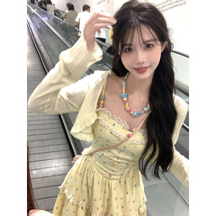 糖果甜心法式温柔风长裙女夏季收腰显瘦拼接甜美吊带连衣裙套装女