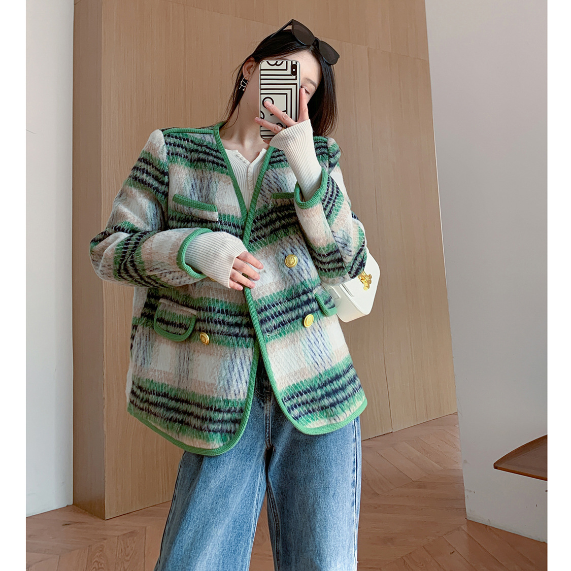 tide ins green lattice Fur suit coat Autumn and winter temperament Easy Small fragrant wind Plaid Woollen cloth man 's suit jacket