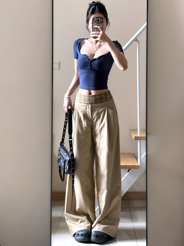 卡其色美式拼接格纹休闲裤女秋季2025新款设计感慵懒风垂感阔腿裤|undefined