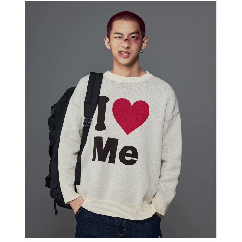 American Retro Love Theme Love Jacquard Couple's Knitted Shirt Spring and Autumn Atmosphere Loose Lazy Style Men's and Women's Top