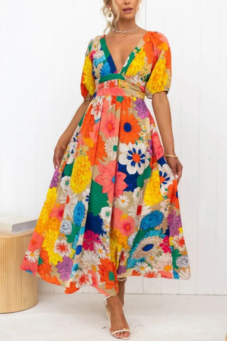 Women's Swing Dress Casual Vacation V Neck Printing Short Sleeve Flower Maxi Long Dress Holiday display picture 1