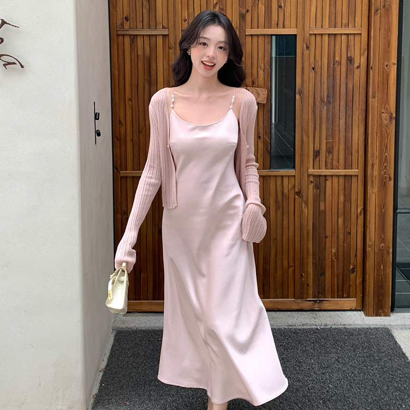 2025 Korean Style New Trendy Long-Sleeved Tops High-Waist Slim Suspender Long Dress Two-Piece Suit for Women