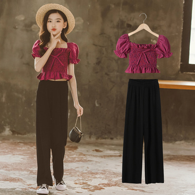 儿童套装2021夏季新款韩版中大童短款露脐上衣休闲长裤两件套代发|ms