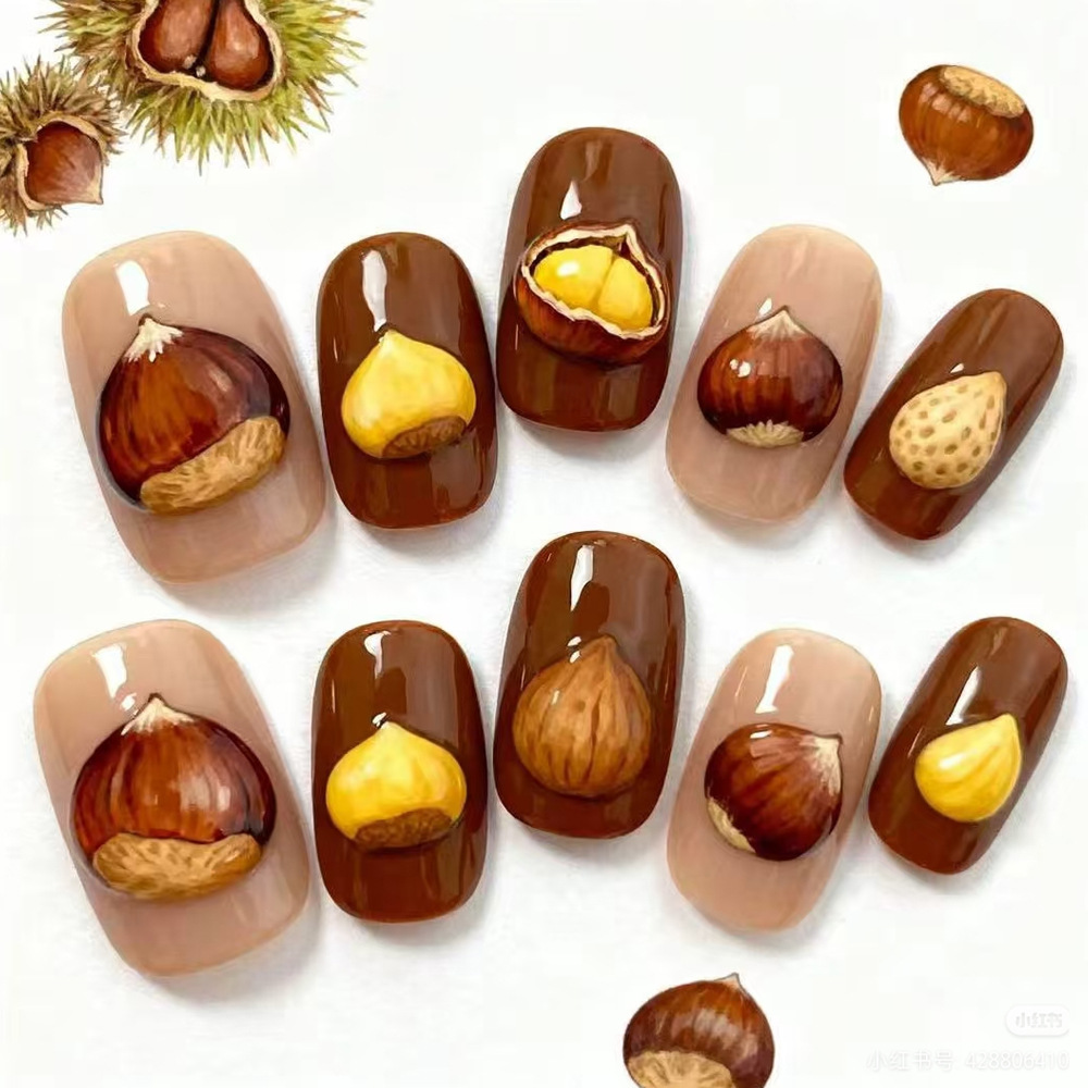 Comercio exterior en relieve tridimensional marrón castaña manicure otoño invierno curar viento desgaste de uñas 24 piezas de parche de uñas
