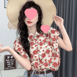 领油画印花泡泡袖衬衫女夏季新款气质复古浪漫气质遮肚上衣