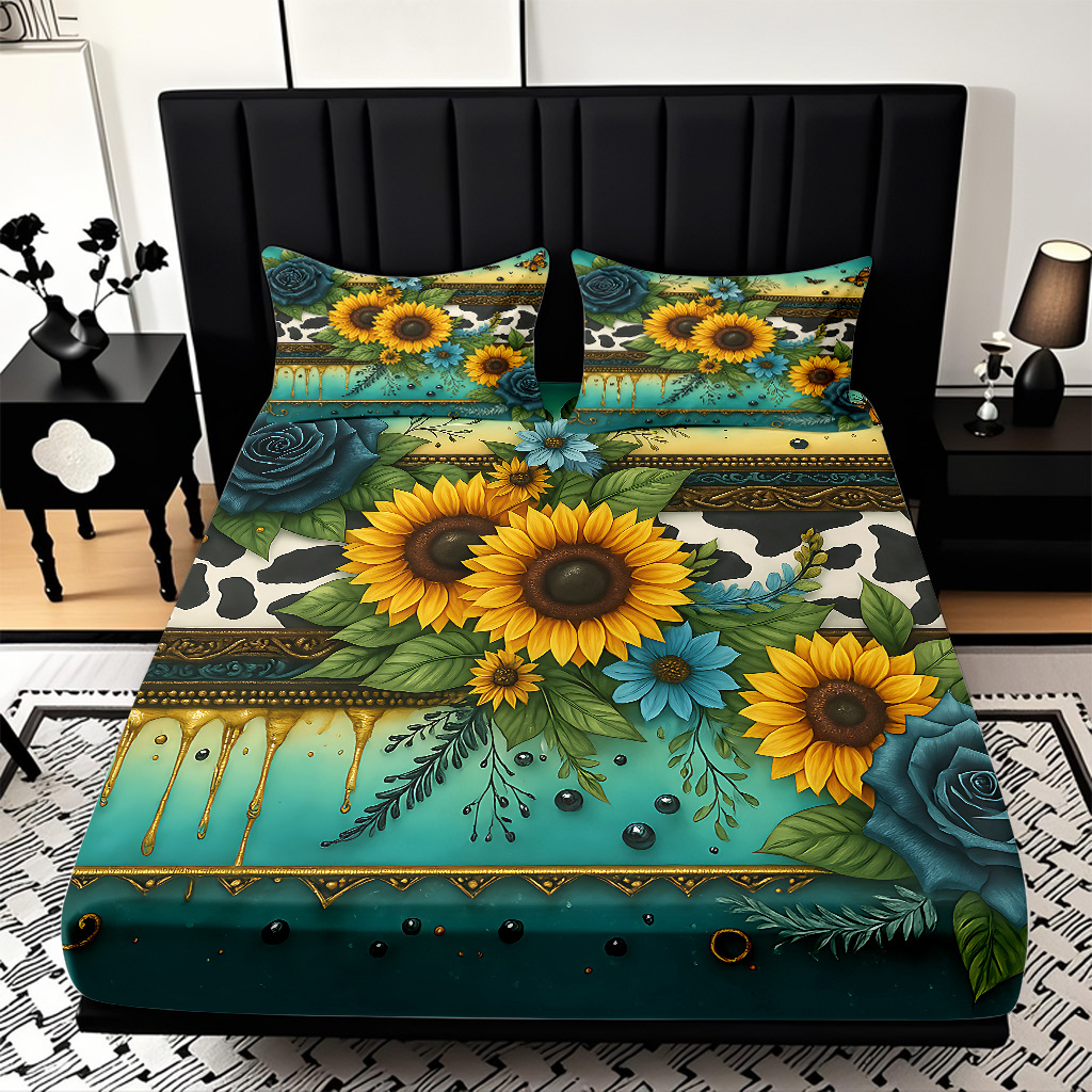 Comercio exterior transfronterizo textil doméstico patrón de girasol impresión digital 3D cama de molienda de tres piezas JIT modelo Temu