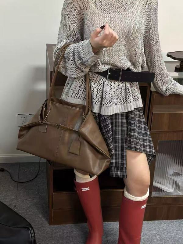 大容量麂皮绒磨砂托特包包女通勤手提包慵懒松弛感单肩包真皮大包|undefined